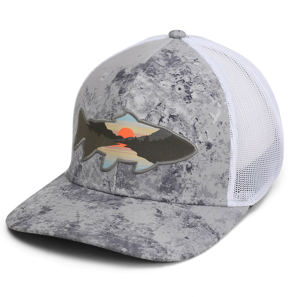 Sunset Trout Fly Fishing Mesh Back Hat Fish Mountain Silhouette