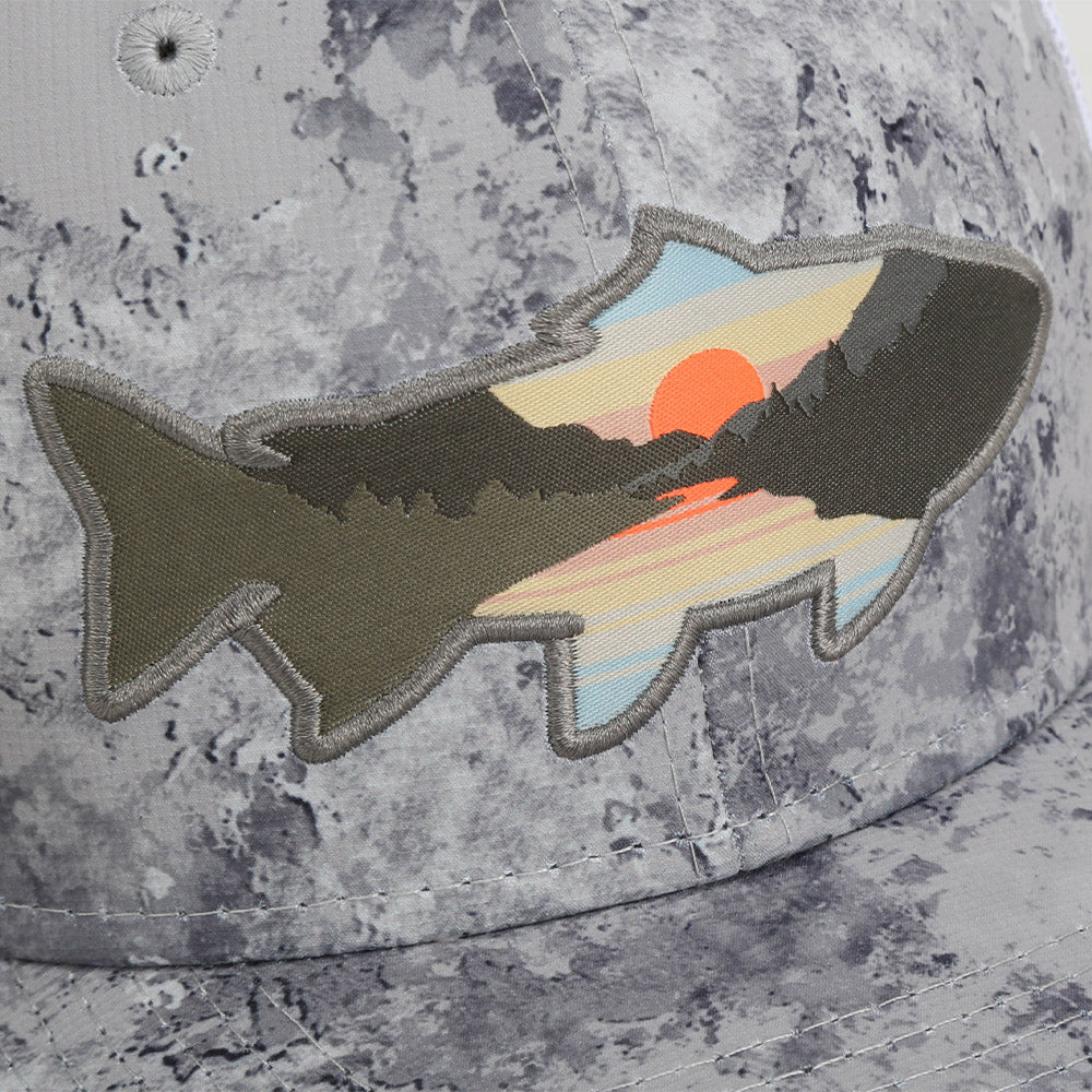 Sunset Trout Fly Fishing Mesh Back Hat Fish Mountain Silhouette