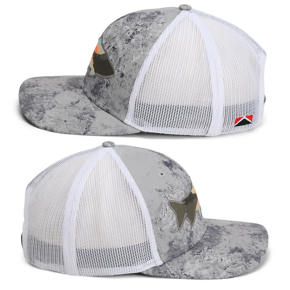 Sunset Trout Fly Fishing Mesh Back Hat Fish Mountain Silhouette