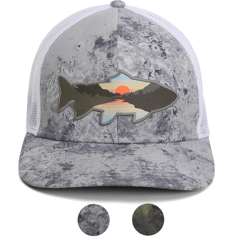 Sunset Trout Fly Fishing Mesh Back Hat Fish Mountain Silhouette