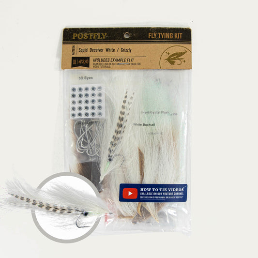 Fly Tying Kit | Squid Deceiver White/Grizzly #2/0